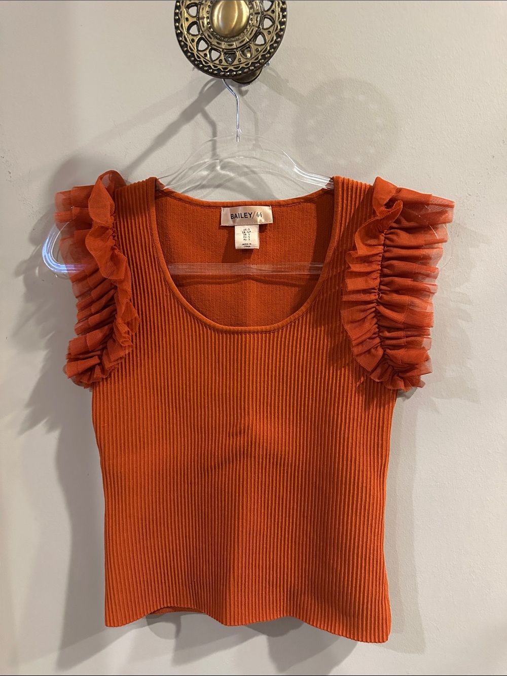 Bailey 44 Rust Ribbed Top with Ruffle Cap Sleeves